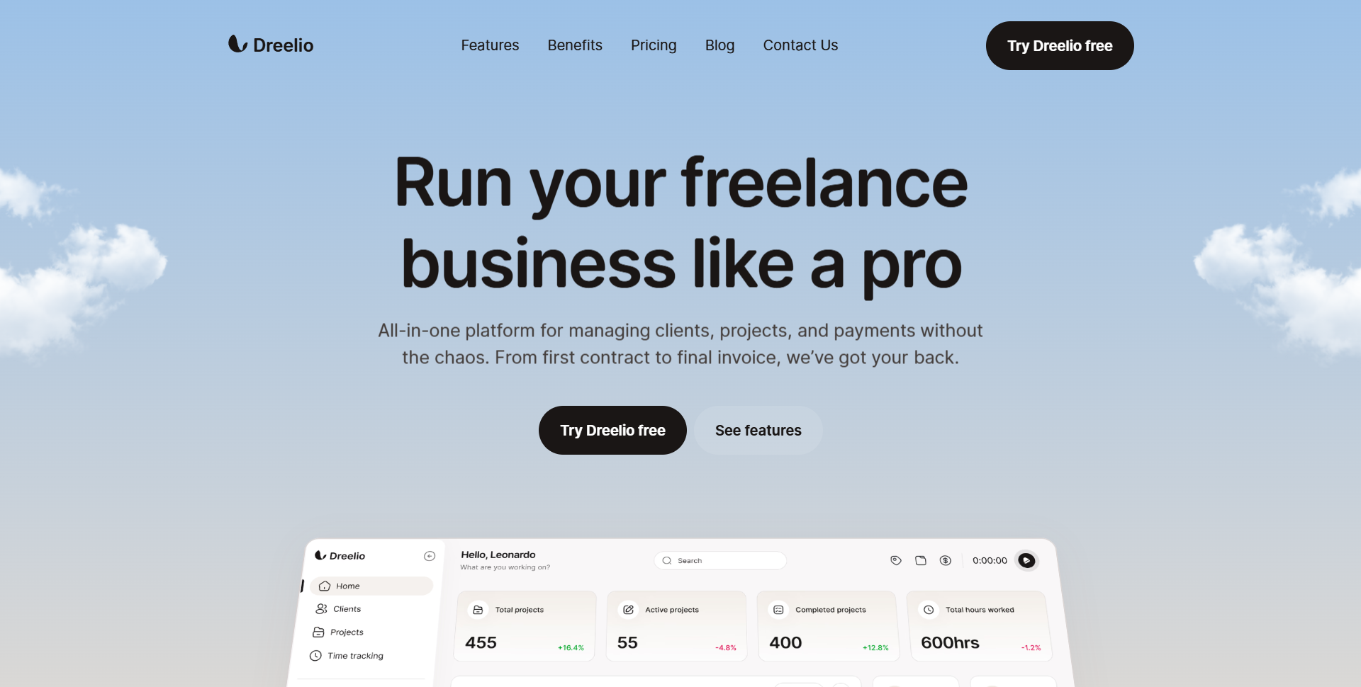 Dreelio — freelancer business platform marketing site
